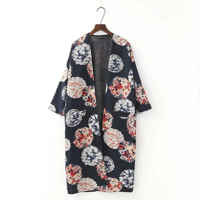 Japanese Vintage Summer Autumn Floral Printed Sun Protection Long Open
