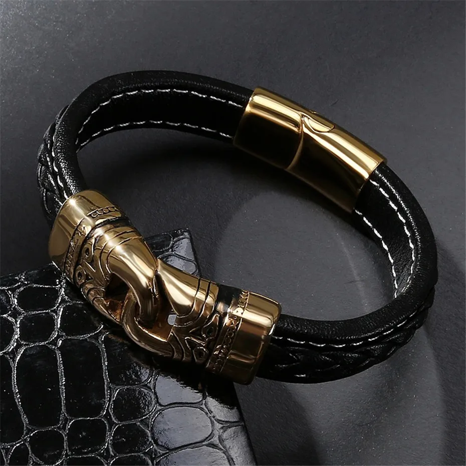 

GHZTYF Fashion Men's Leather Bracelet For Men Stainless Steel Gold Punk Bracelets Bangles Length 21cm Business Gifts Bangle
