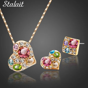 

New Gold Color Austrian Crystal Heart Square design Pendant Necklace Earrings Jewelry Sets Bridal Jewelry Sets