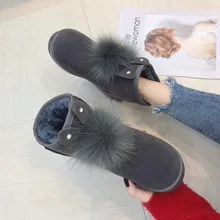 Теплые женские зимние ботинки на меху Милая зимняя обувь из замши ботинки до середины икры с меховыми помпонами женские модные ботинки Нескользящая зимняя повседневная обувь