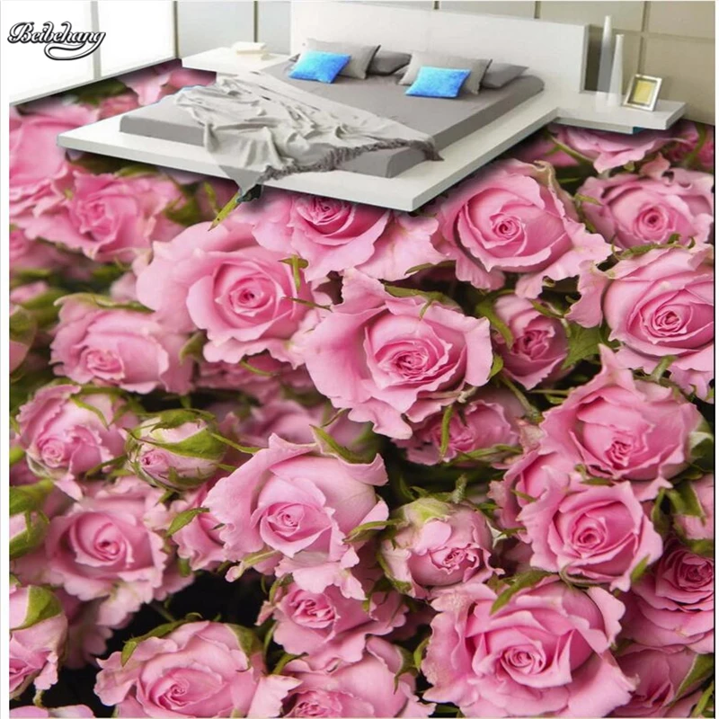 

beibehang HD beautiful pink rose living room 3D floor tiles custom large-scale murals pvc wear-resistant waterproof floor