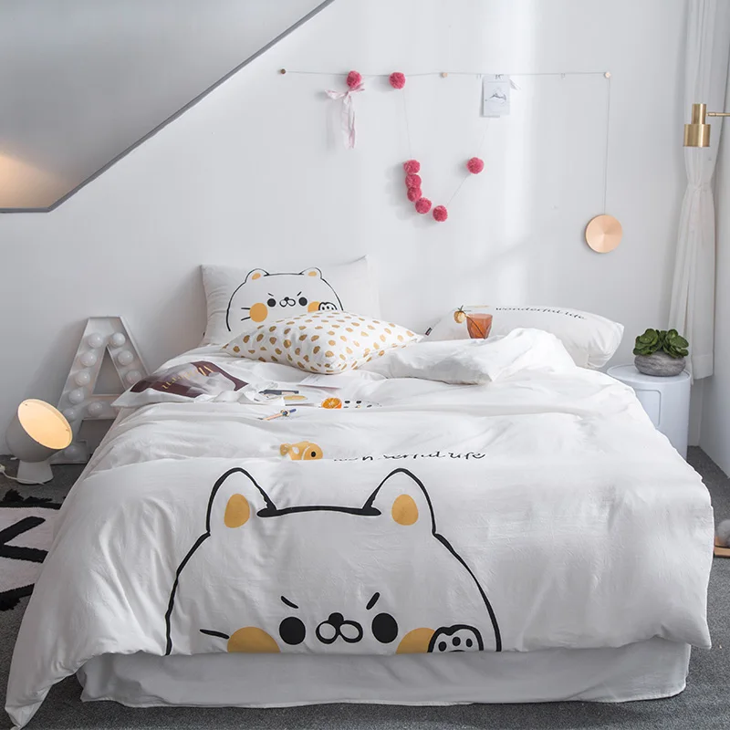 Home Textile Bear Simple White Bedding Sets Kid Teen Boys Linen