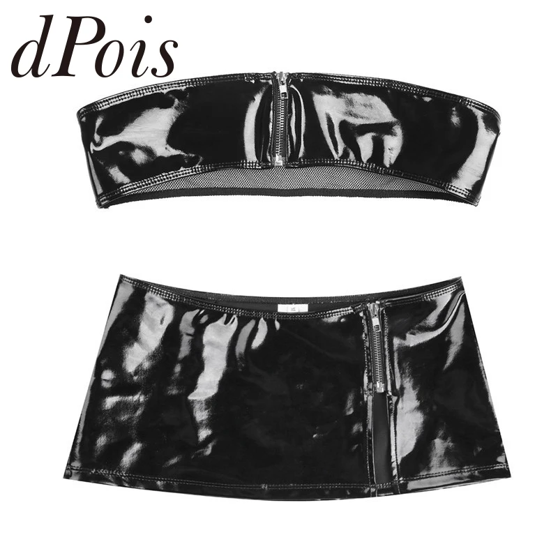 

2Pcs Women Wet Look Patent Leather Zipper Bikini Bandeau Strapless Bra Top with Mini Skirt Lingerie Set Sexy Lady Night Clubwear