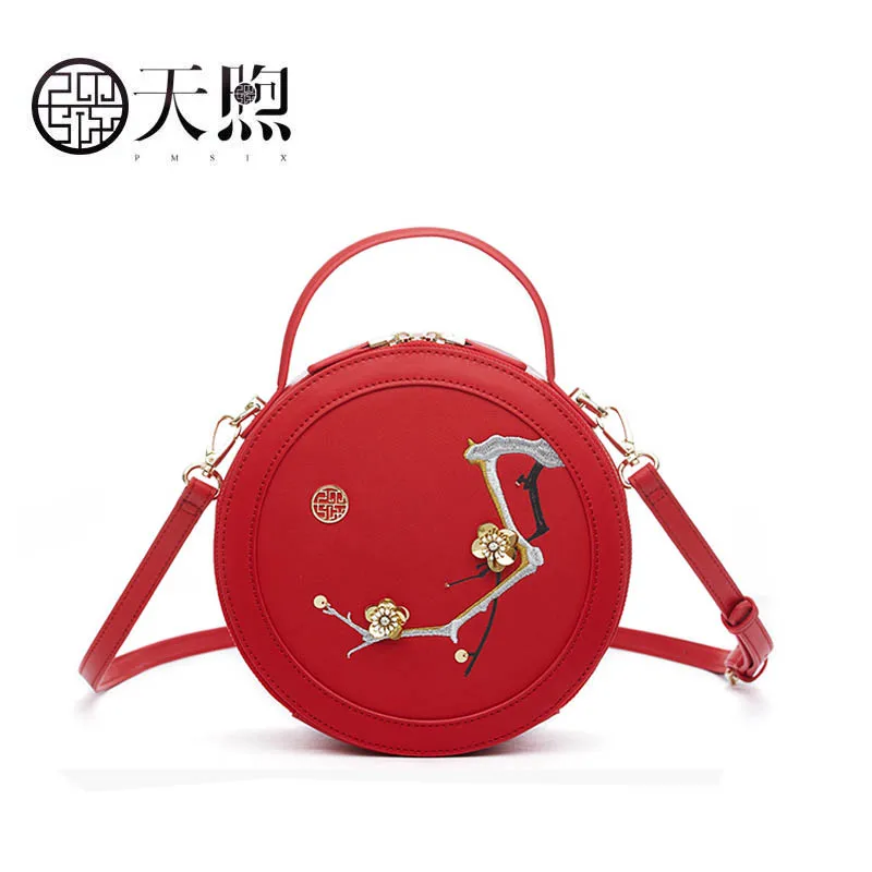 

Pmsix 2019 New Women Leather bag top quality handbags Fashion embroidery Round bag Luxury tote small women handbags leather bag