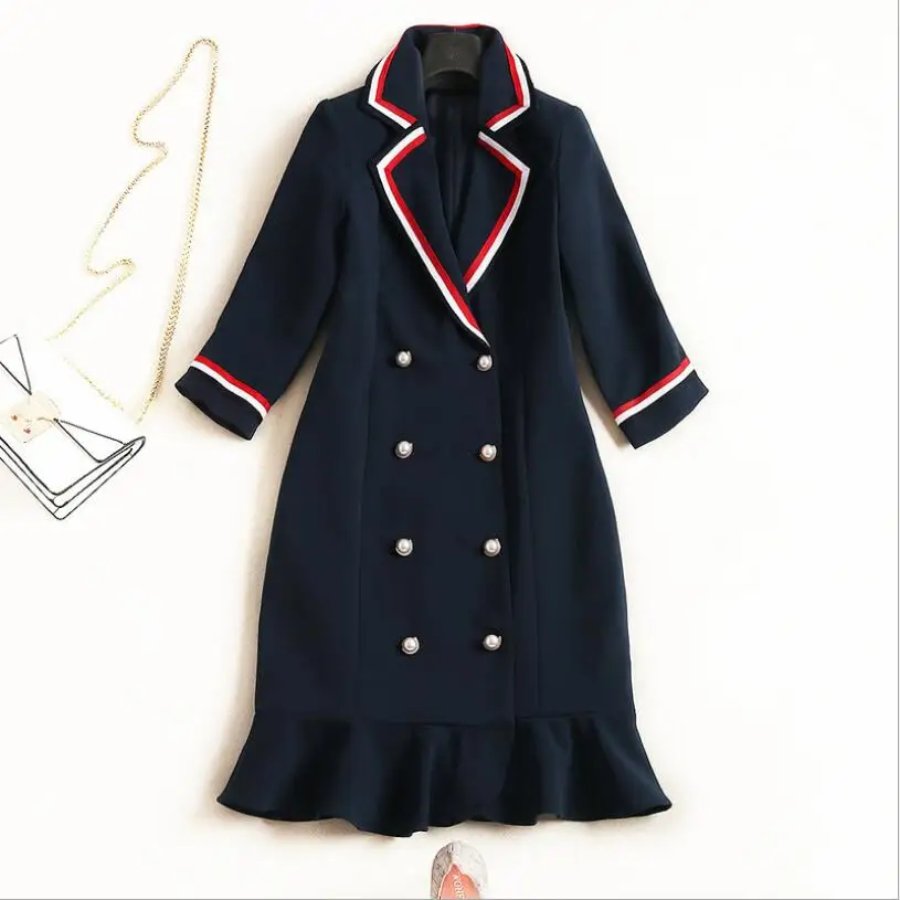 Women Elegant Dark Blue Dress Long Sleeve Ruffle Hem Rhineston Button Fitted Bodycon One Piece 