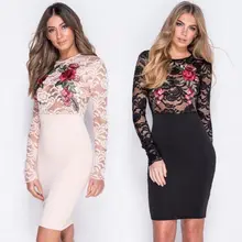 Fashion Women Summer Long Sleeves Lace Evening Party Short Mini Dress Elegant Rose Embroideried Perspective Top Skinny Sundress