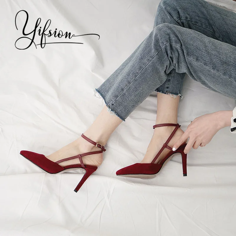 

OLOME New Fashion Black Kid Suede Women Summer Sandals Sexy Pointed Toe Buckle Thin High Heel Women Sandals Party Shoes Woman