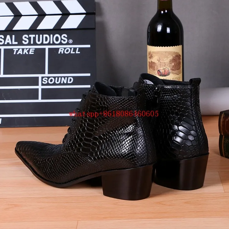 Модные брендовые дизайнерские кожаные военные ботинки черного цвета из змеиной кожи; ковбойские ботинки с острым носком на высоком каблуке; модельные мужские свадебные туфли
