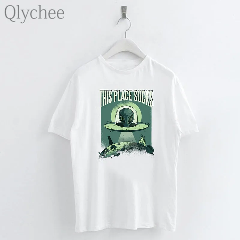 

Qlychee Harajuku UFO Print Female T Shirts Top Tees Crew Neck Short Sleeve Loose Summer Spring Women T-shirts Top Tees