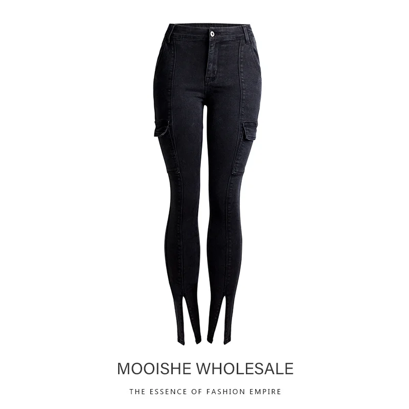 Split Black Pencil Jeans Women High Waist Pocket Slim Pencil Female