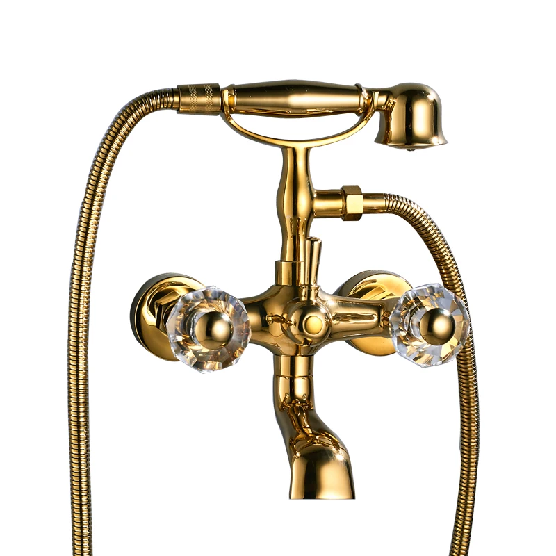 

Golden Polish Bathromm Tub Faucet Dual Handles Crystal Hand Wheel Swivel Spout Bathtub Mixer Tap with Hand Shower Wall Mount