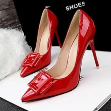 Sexy Pointed Toe Thin Heel Pumps Office Shoes Woman Stiletto 2017 Western Fashion Buckle High Heels Red Bottoms Patent Leather