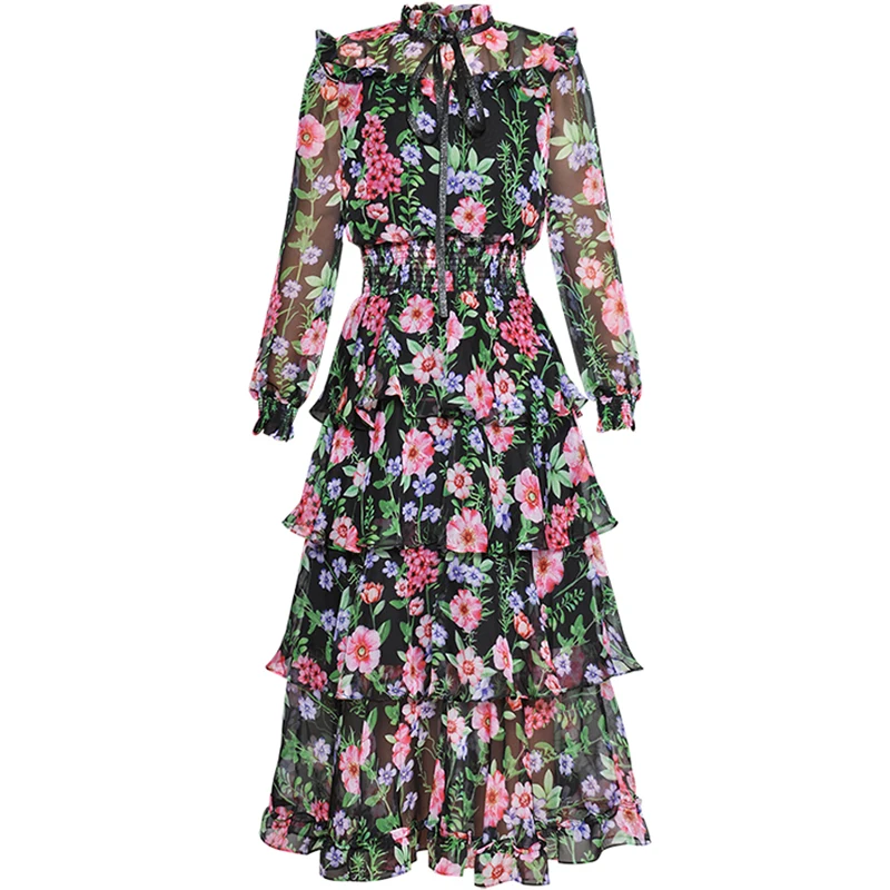 

Red RoosaRosee New Retro Round Collar Cascading Ruffle Long Sleeve Colorful Print Elegant Dress 2019 Spring Summer Women Dresses