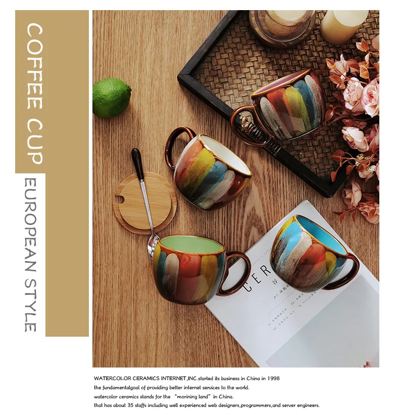Ретро Керамическая кофейная кружка с крышкой и ложка для молока чашка для завтрака винтажная большая емкость креативный Европейский стиль красочная краска