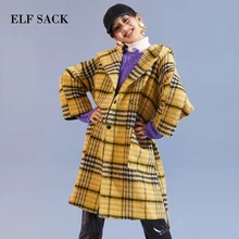 ELFSACK, зимнее новое шерстяное пальто, клетчатое, винтажное, с капюшоном, женская верхняя одежда, толстая, шерстяное, длинное, свободное, коллаж, пальто, женские куртки