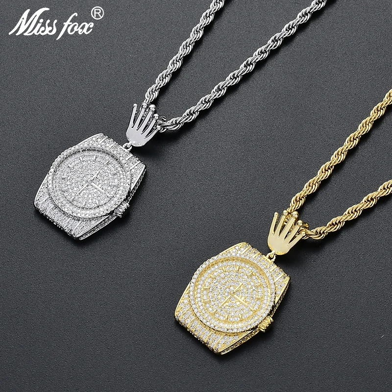 

Missfox Personality Full Lab Diamond Watch Shape Pendant Necklace For Men Gift Hip Hop Aaa High Quality Creative Jewelry The New