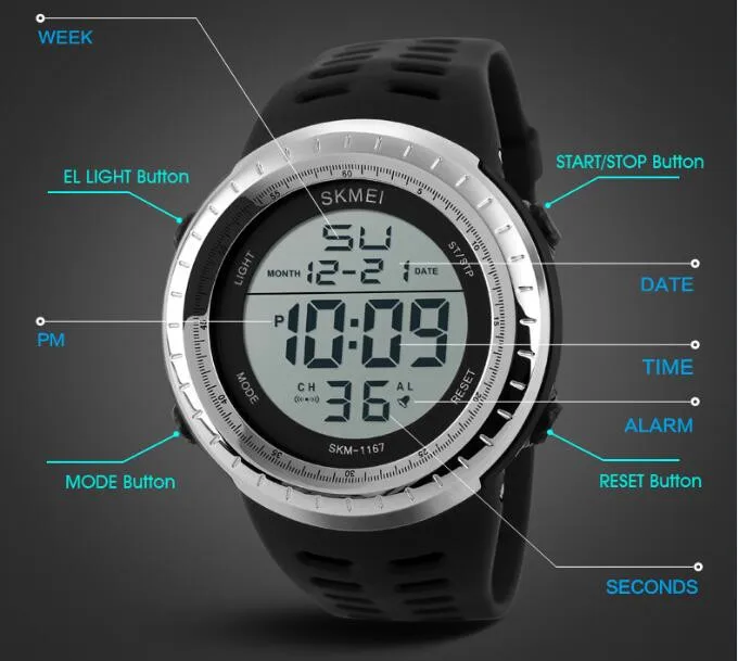 Skmei Роскошные Брендовые мужские спортивные часы для дайвинга 50 м цифровые светодиодные армейские часы мужские модные повседневные электронные наручные часы Мужские часы