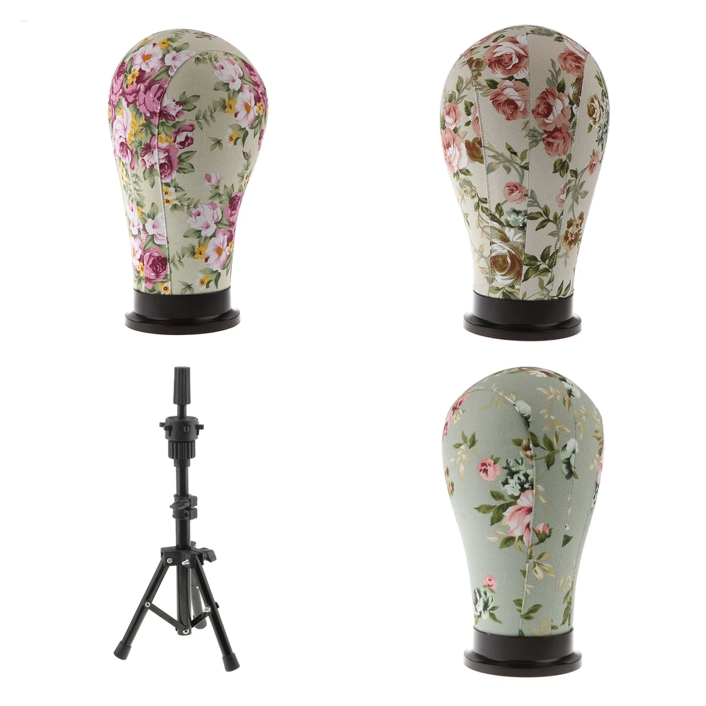 3pcs Cork Canvas Block Mannequin Model Head Wigs Making Display with Tripod Stand Set