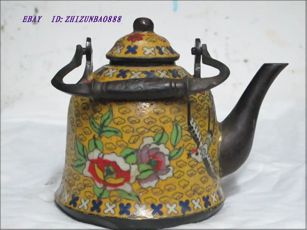 

Beautiful China 100% Bronze cloisonne Peony flower Swallow yellow tea -pot
