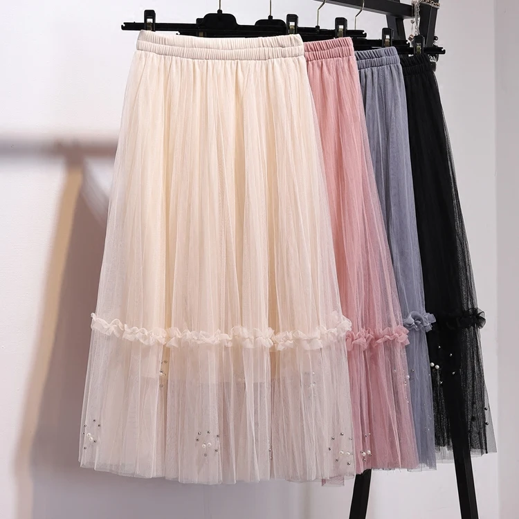 Белые газовые юбки с талией agaric falbala марлевые юбки женский длинный ноготь бусина плиссированная юбка осень-зима