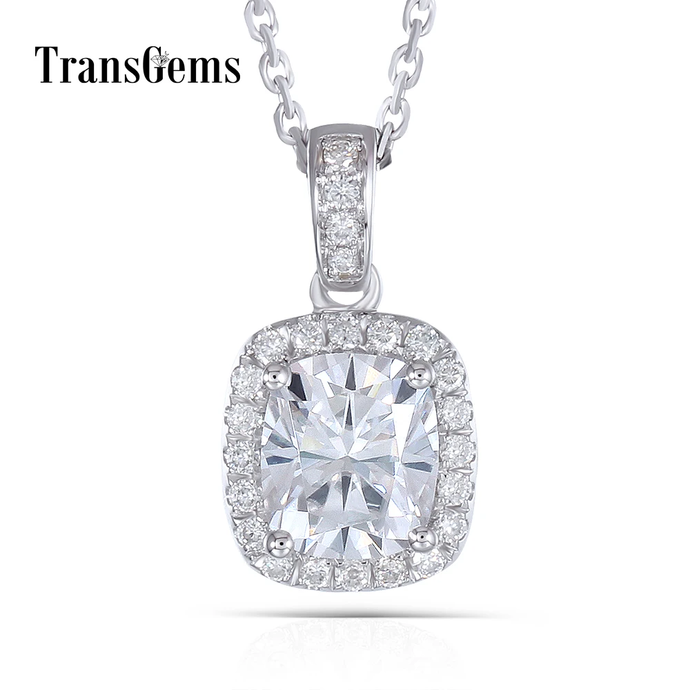

Transgems 14K White Gold 585 6X7MM 1.5 Carat F Color Moissanite Cushion Cutting Halo Pendant Necklace for Women Free Shipping