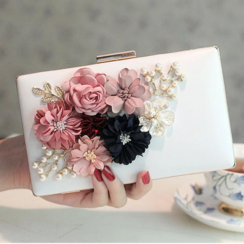 

New Women PU Leather Clutch Exquisite Dimensional Flowers Evening Bag Wedding Party Pearl Handbag Ladies Chain Shoulder Bag