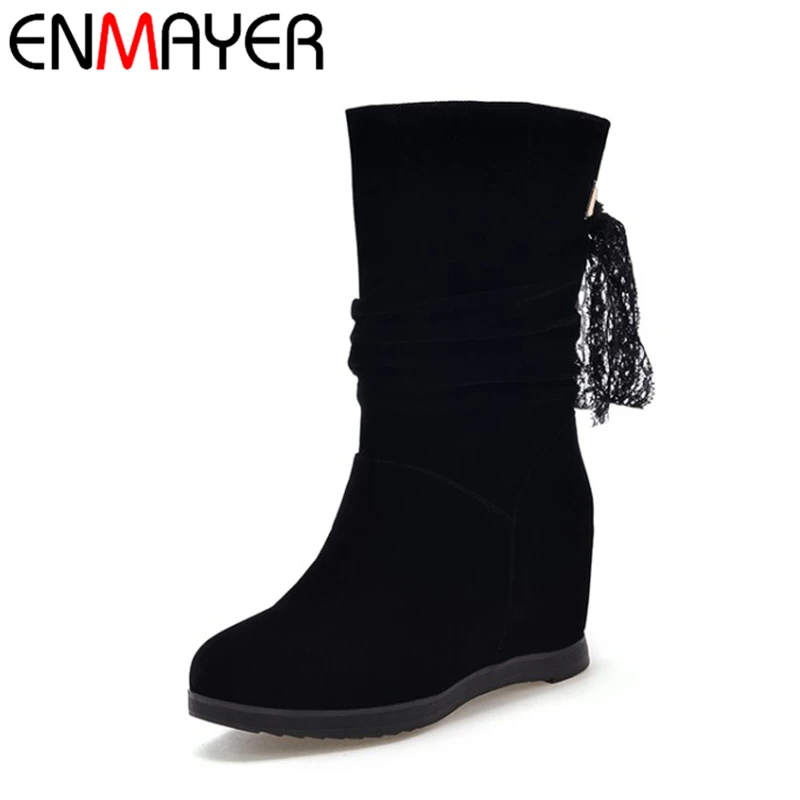 

ENMAYER Winter Women's Shoes Flock Fashion Women Boots Ribbon Round Toe High Heel Ladies Shoes Black Height Increasing Boots