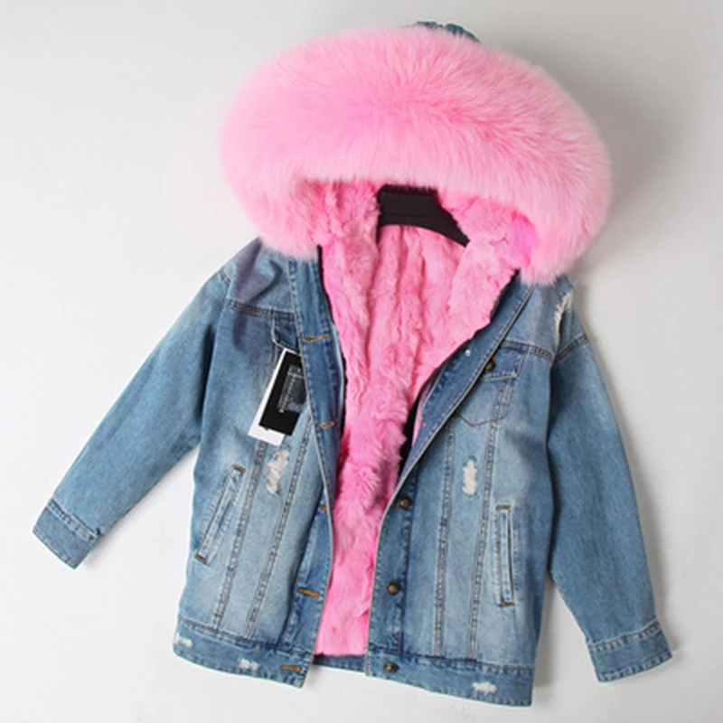 

2018 Real Fur Coat Winter Jacket Women Short Parka Natural Raccoon Fur Collar Rabbit Fur Liner Denim jacket Streetwear Outerwear