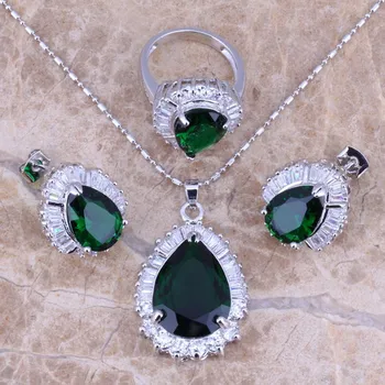

Green Cubic Zirconia White CZ Silver Plated Jewelry Sets Earrings Pendant Ring Size 5 / 6 / 7 / 8 / 9 / 10 S0102