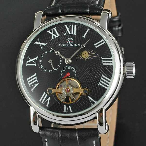 

2018 WINNER Men Automatic Mechanical Watch Tourbillon 24-hours Hands Men Wrist Watch Leather Watch Band Moon Sun Phase