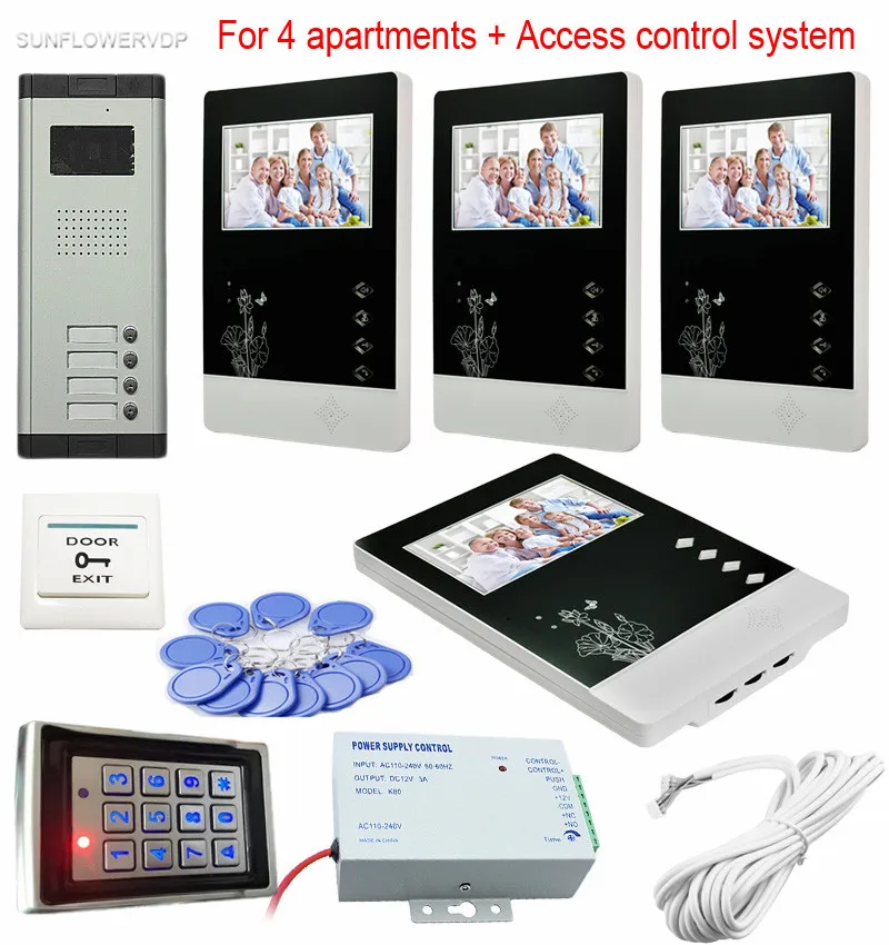 Video Intercom For 4 Apartment Video Doorman With 4.3\ Color Screens Security Video System Rfid Keypad Access Control System Kit
