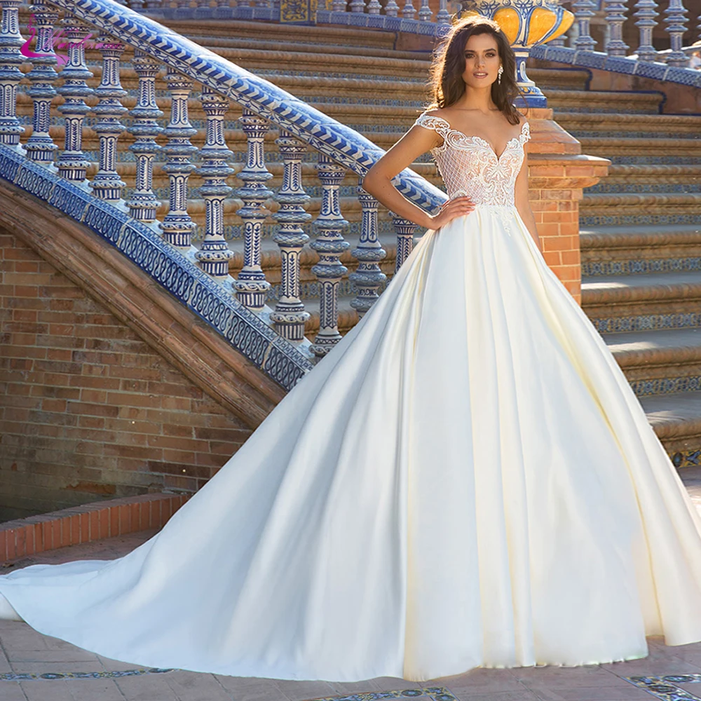 US $246.84 Waulizane Exquisite VNeckline A Line Wedding Dress Of Elegant Satin Skirt Of Cap Sleeve
