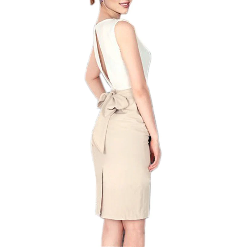 

Womens Elegant Back Slotted Patchwork Dress Women O-neck Sleeveless Sashes A-Line Dresses Summer Casual Office Work Dress wdr049