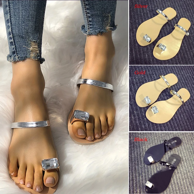 

2019 Women Summer Beach Rhinestone Crystal Toe Ring Flat Flip-Flops Sandals Shoes