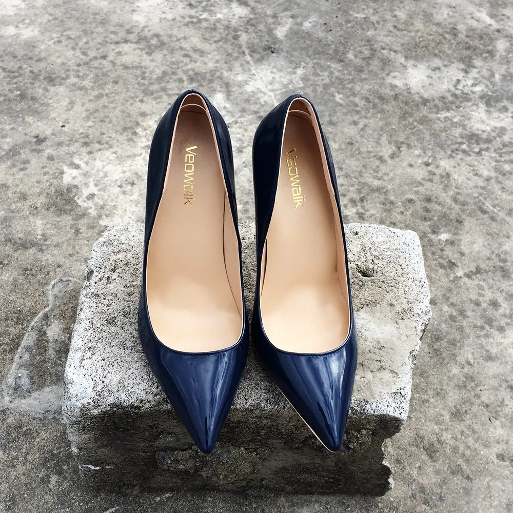 Veowalk/женские туфли с острым носком на высоком каблуке в итальянском стиле; блестящие туфли на шпильке из лакированной кожи; Женские однотонные туфли-лодочки; цвет темно-синий
