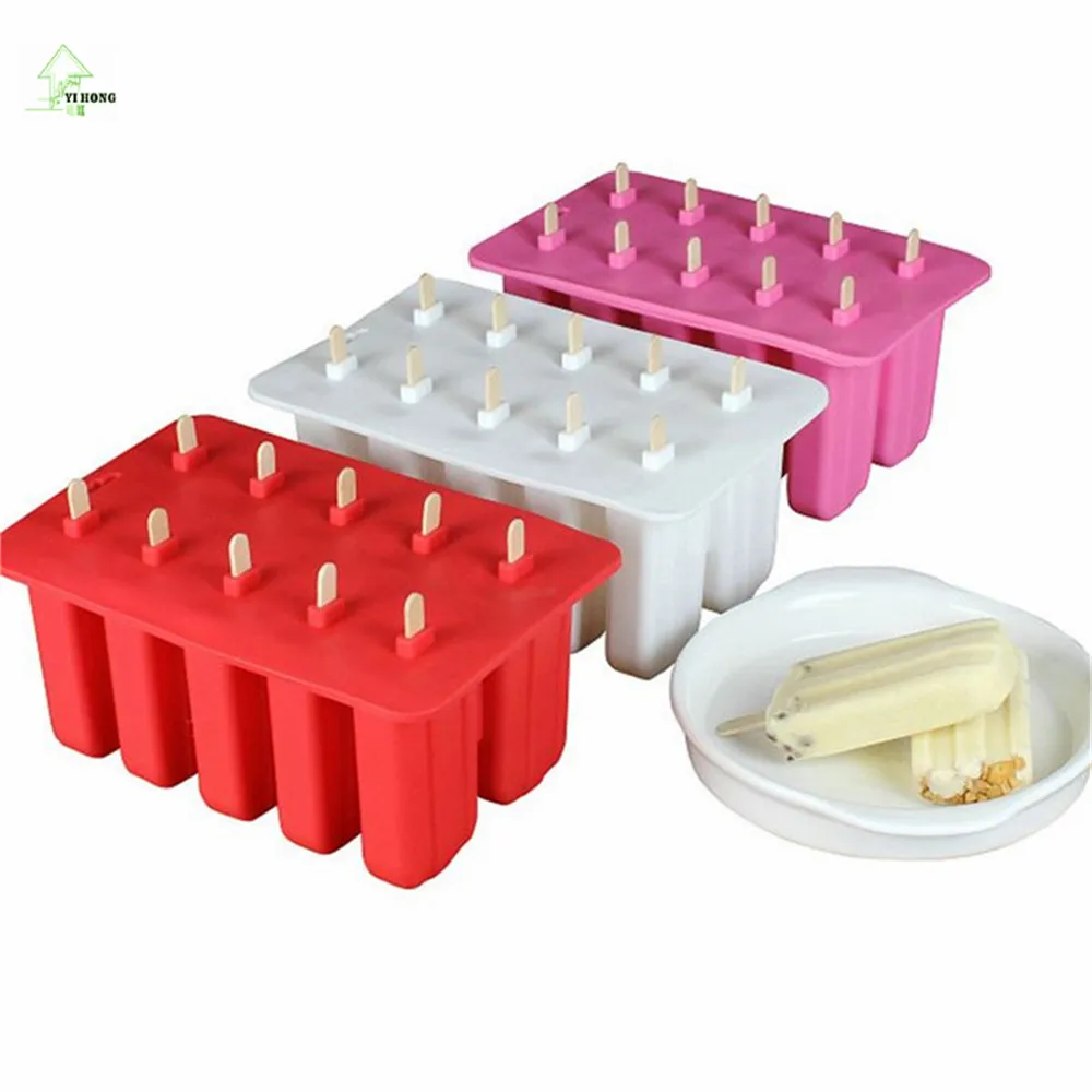 10 Cell Frozen Ice Cream Pop Mold Popsicle Maker Lolly Mould Tray Pan Kitchen Tools DIY With 12 Sticks Red Pink White MAYITR