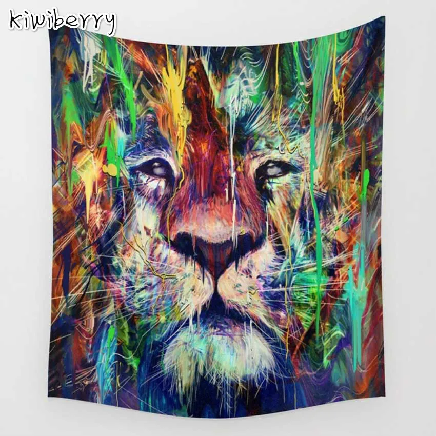 

Kiwiberry HD Animal Indian Lion Tapestry Wolf Elephant Tiger Printed Wall Carpet Polyester Tapestries Home Decorative Mandala