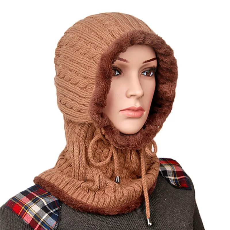 Унисекс Зимние шапочки для мужчин и женщин плюс бархат Супер утолщаются теплые вязаные шерстяные шапки ветрозащитный воротник уха с капюшоном шляпы для пар