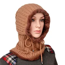 Унисекс Зимние шапочки для мужчин и женщин плюс бархат Супер утолщаются теплые вязаные шерстяные шапки ветрозащитный воротник уха с капюшоном шляпы для пар