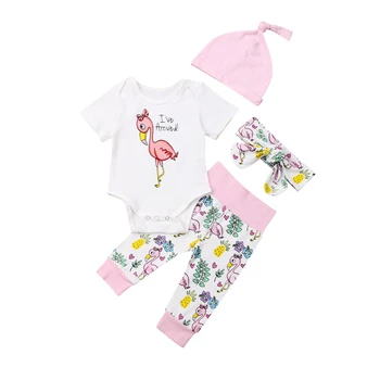 

3Pcs Newborn Baby Girl Clothes Set Flamingo Romper Tops Long Pants Headband Hat Outfits Infant Clothes Roupa Infantil Menino