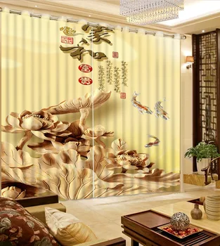 

3D Curtains Bed Room Living Room Yellow Background Wood Carving Lotus Leaf Custom Any Size 3D Curtain Blackout Shade Window