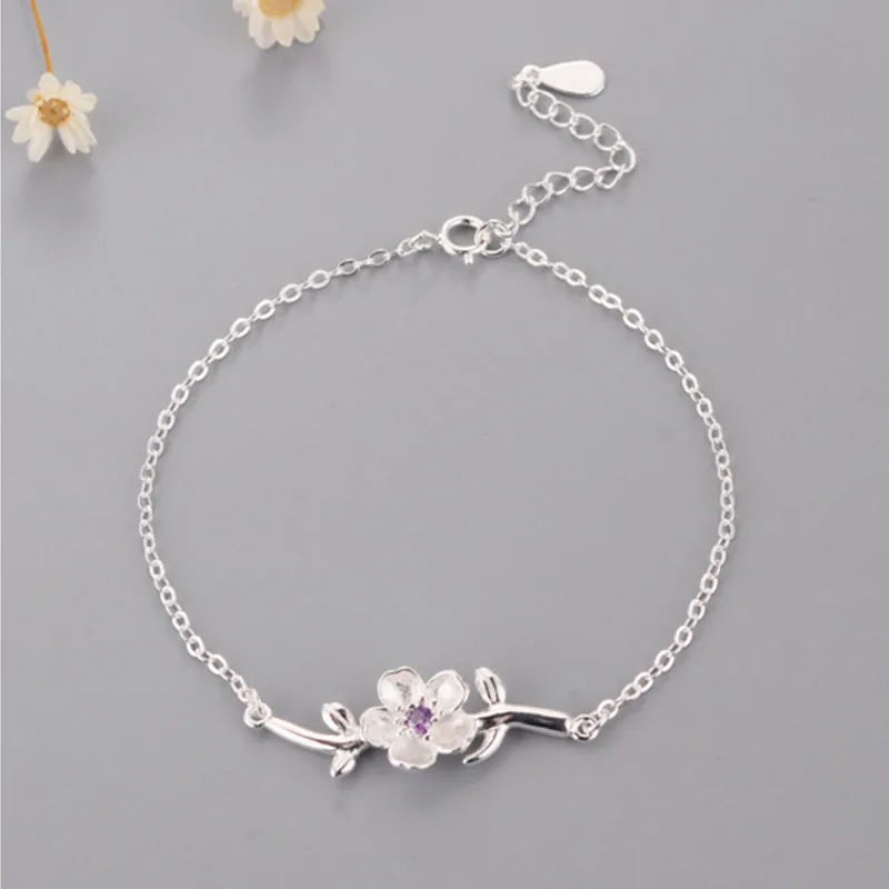 

AKOLION Factory Price Silver Sakura Flower Bracelet Charm Cherry Blossom Bracelet For Girl Women 925 Sterling Summer Jewelry