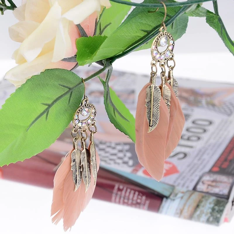 

New style Bohemian Vintage Alloy Pink Circle Feather Crystal Earrings Fashion Charm Dangle Long Earrings For Women