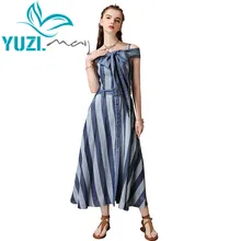 Летнее платье Yuzi. Мая Boho новые джинсовые женские платья с вырезом лодочкой открытые плечи А-силуэта в полоску Vestidos A82180 Vestido