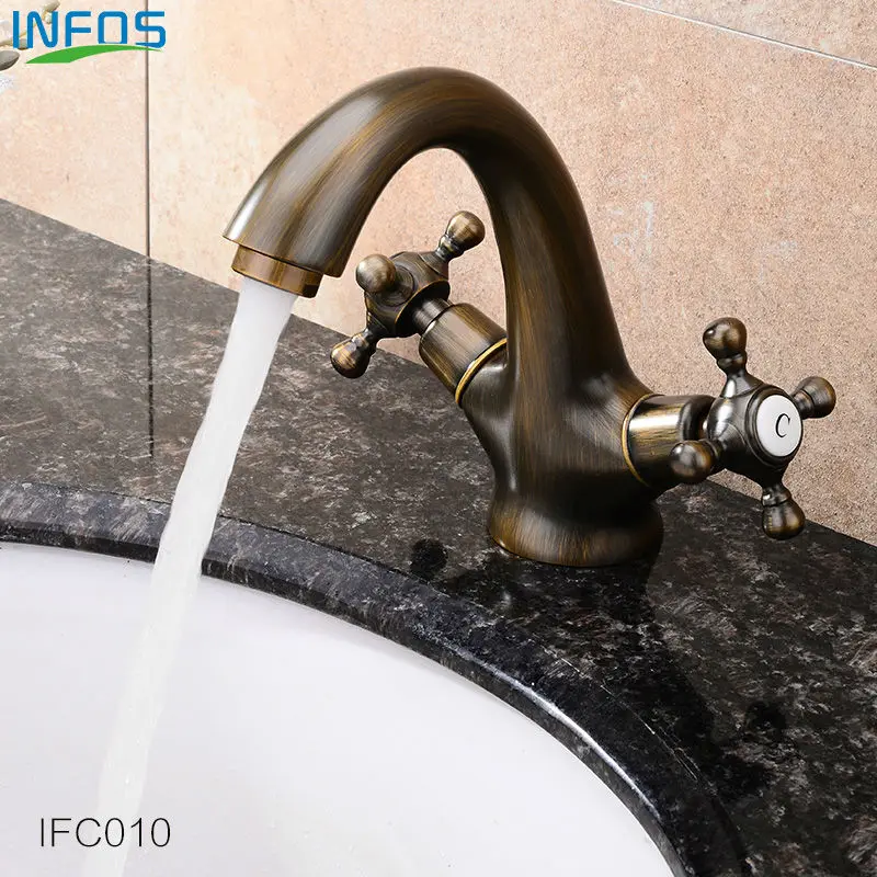 INFOS Faucet Antique Brass Dual Handle Deck Mounted Bathroom Sink Mixer Hot and Cold Water Basin Tap Torneira IFC010