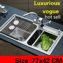 Бытовой двойной кухонный паз раковина роскошь сделать блюда пищевой 304 нержавеющая сталь Горячая 770x420 мм
