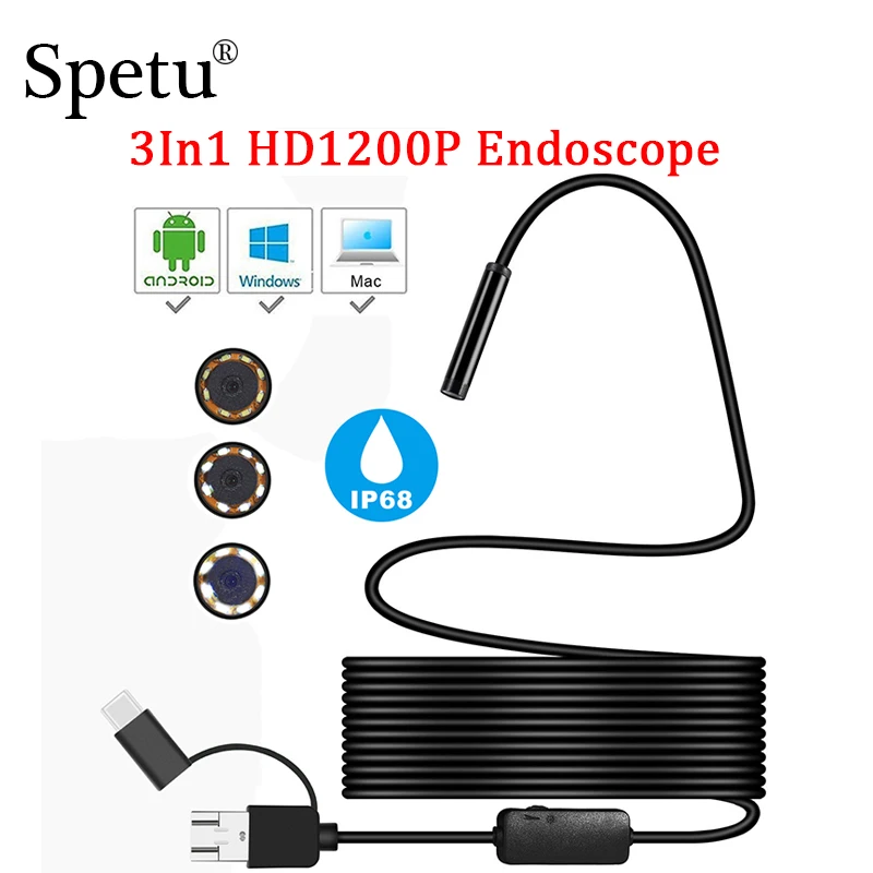 Spetu 1200 P 3in1 USB эндоскопа Тип C бороскоп Android эндоскопа инспекционной Камера змея Камера мягкая проволока HD Водонепроницаемый IP68