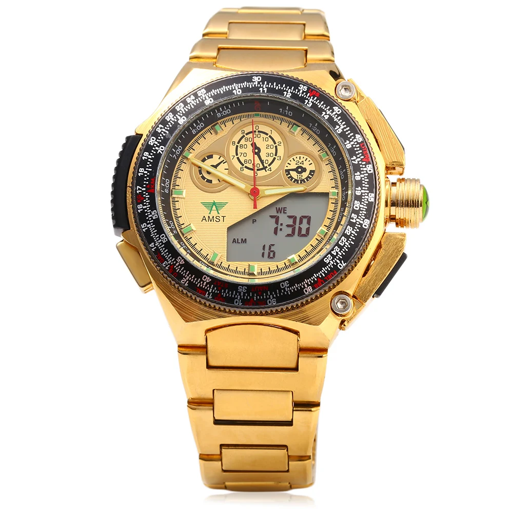 

AMST Full Golden Gold Stainless Steel Men's Watch Clock Man Dual Time LED Digital Anolog Quartz 30M Resistant Relogio Masculino