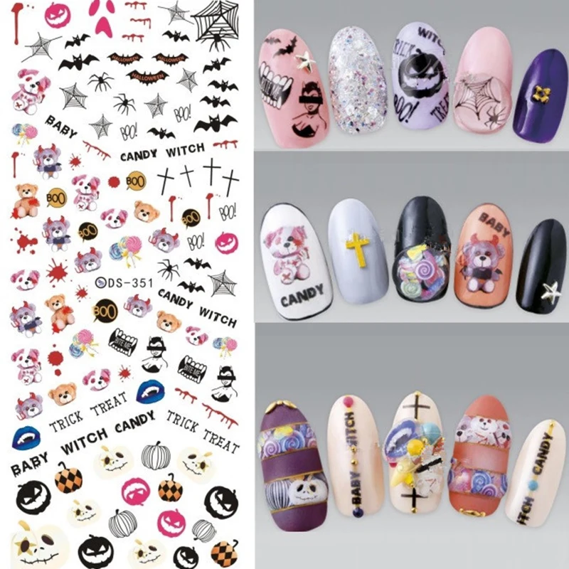 

1 Sheet Halloween Funny Stickers 3D Nail Stickers Image Transfer Decal Adhesive Nail Art Decorations