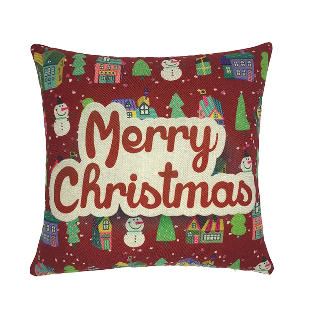 Happy Christmas Pillow Cases Linen Cartoon Print Pillow Cover Case Bed